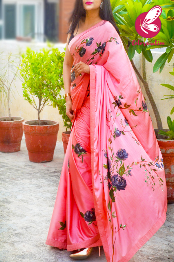 Peachy Pink Hand-painted Satin Roses Saree