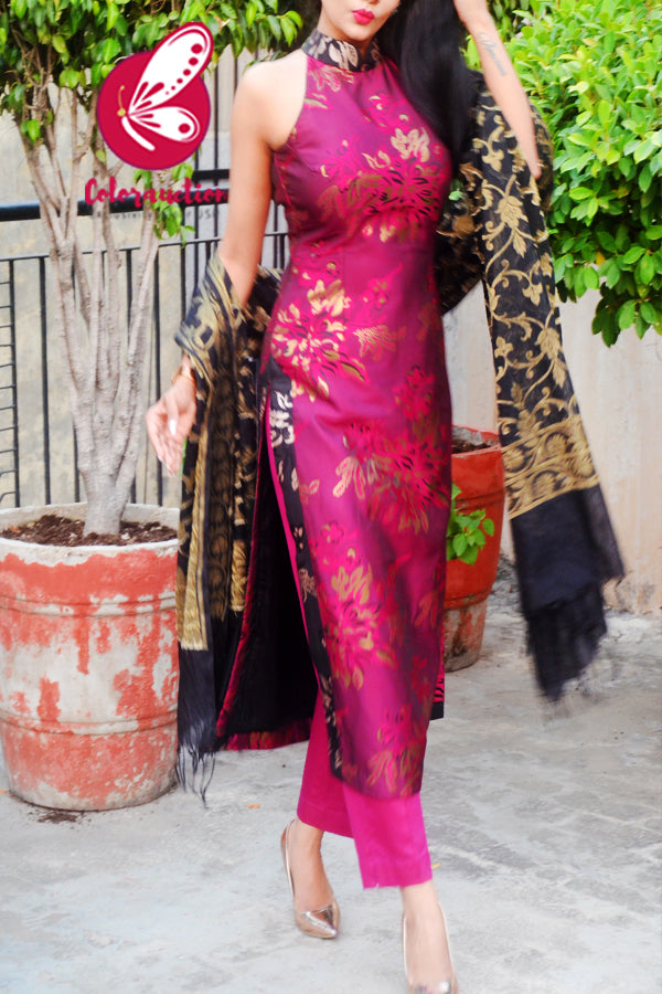 Magenta &amp; Golden Brocade Silk Padded Kurti with Magenta Cotton Silk Pants and Black Golden Chanderi Dupatta