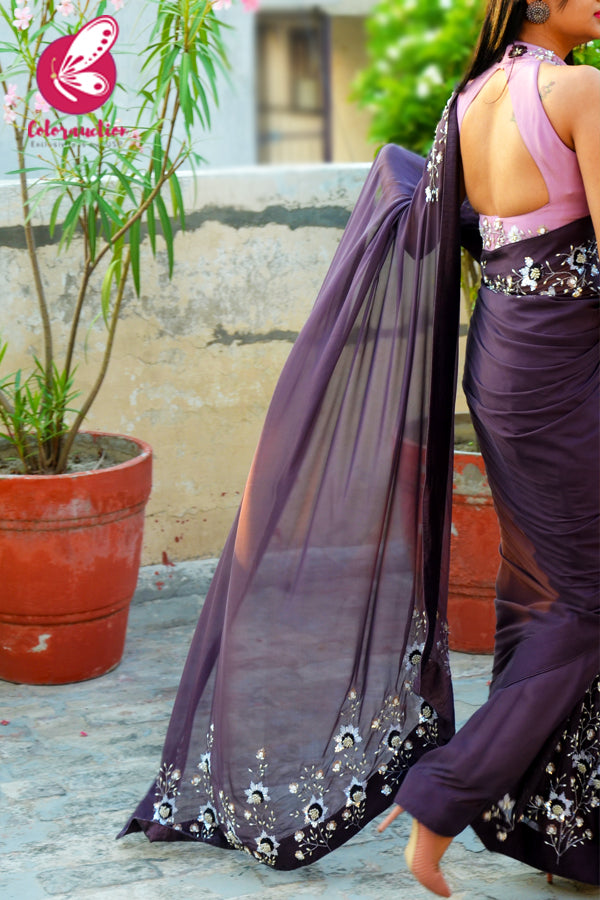 Mauve Purple Pure Silk Chiffon Sequins Pearl Handwork Saree
