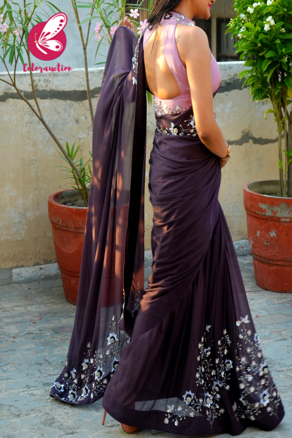 Mauve Purple Pure Silk Chiffon Sequins Pearl Handwork Saree