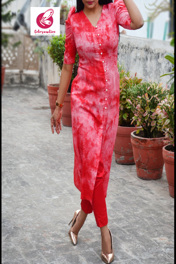 Red &amp; White Tie &amp; Dye Rayon Kurti with Red Cotton Silk Pants