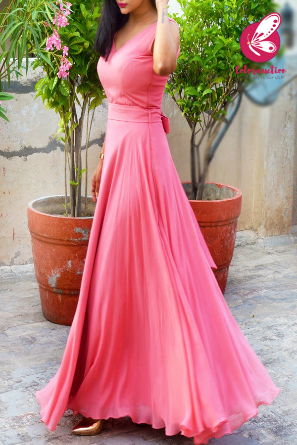 Pink Double Flair Padded Long Dress