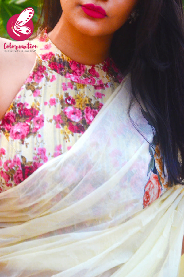 Light Yellow Applique Organdy Floral Saree