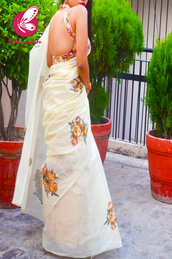 Light Yellow Applique Organdy Floral Saree