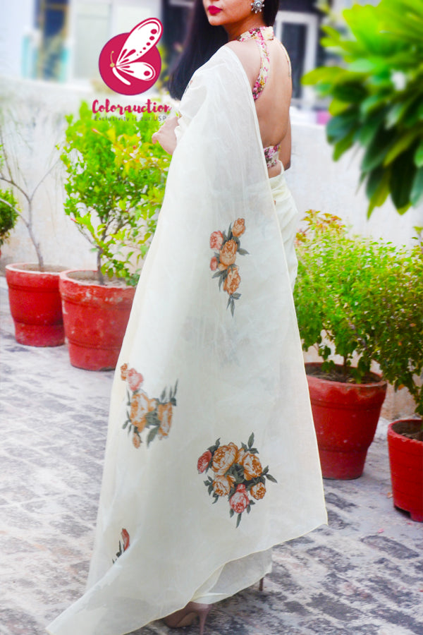 Light Yellow Applique Organdy Floral Saree
