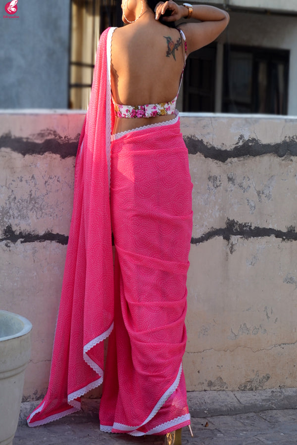 Pink Printed Chiffon Lace Saree