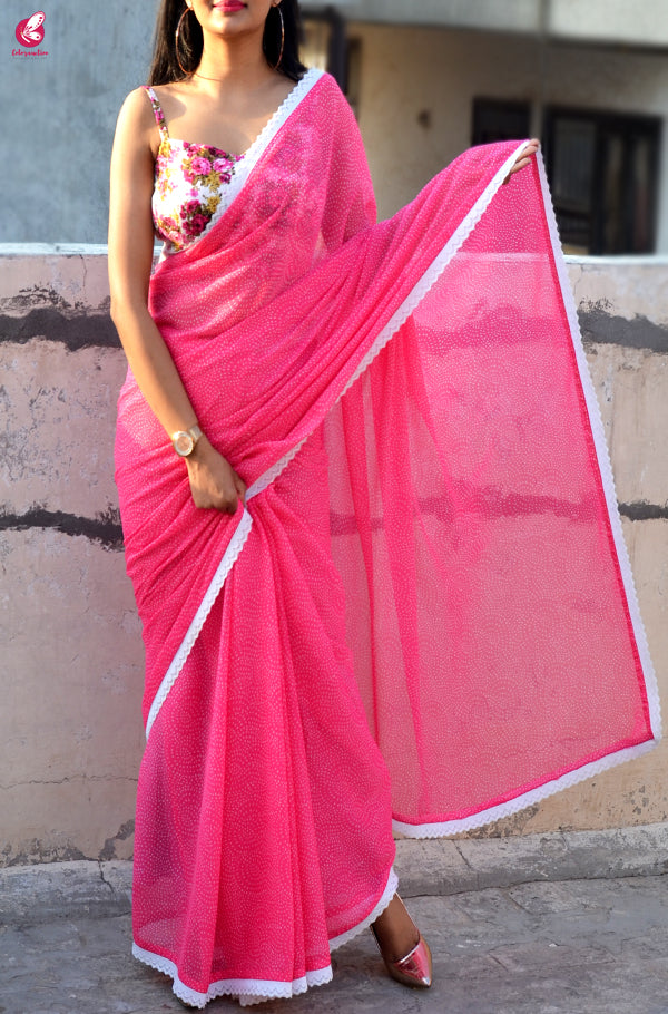 Pink Printed Chiffon Lace Saree