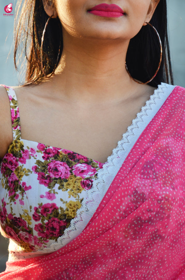 Pink Printed Chiffon Lace Saree