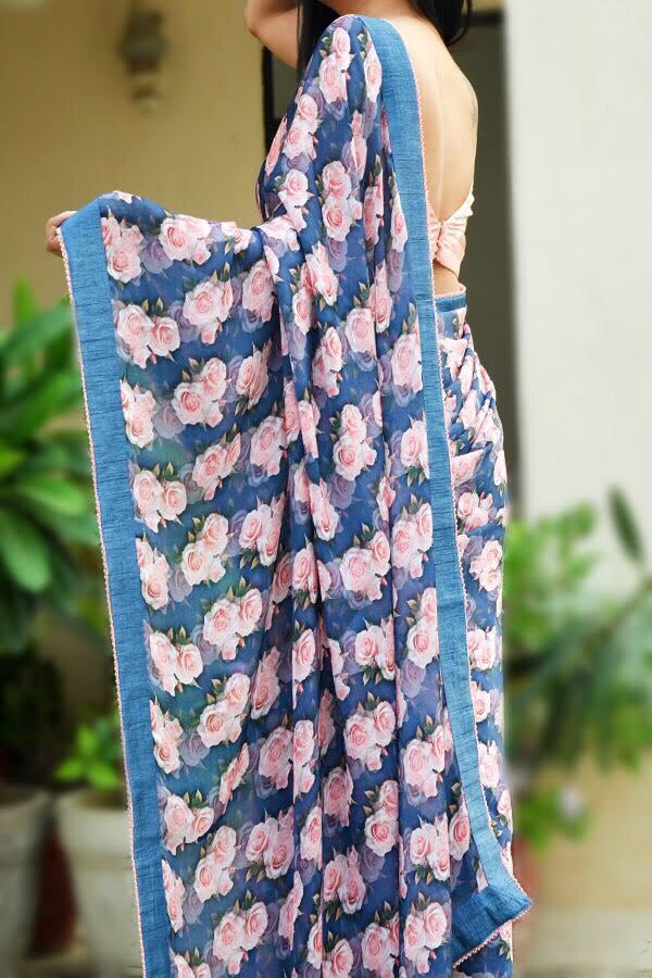 Printed Silk Chiffon Floral Pearl Lace Saree