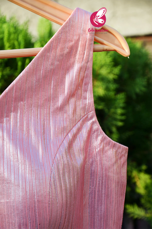 Pink Metallic Fancy Crepe Deep V - Neck Padded Blouse