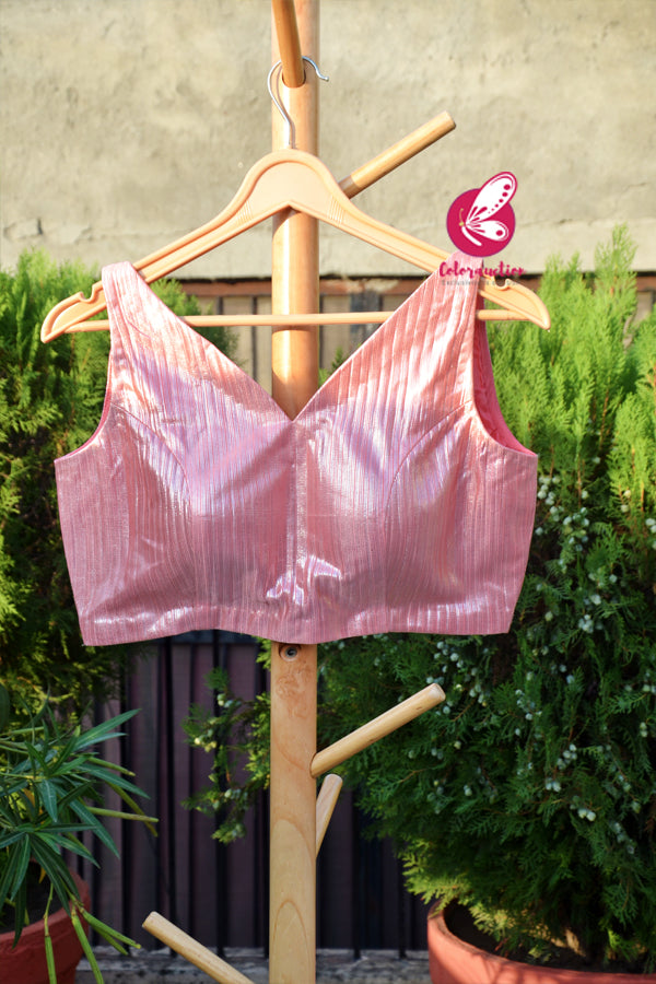 Pink Metallic Fancy Crepe Deep V - Neck Padded Blouse