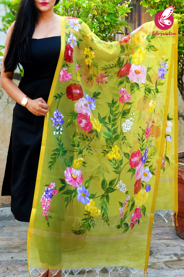 Lime Green Multicoloured Pure Organza Hand-painted  Stole