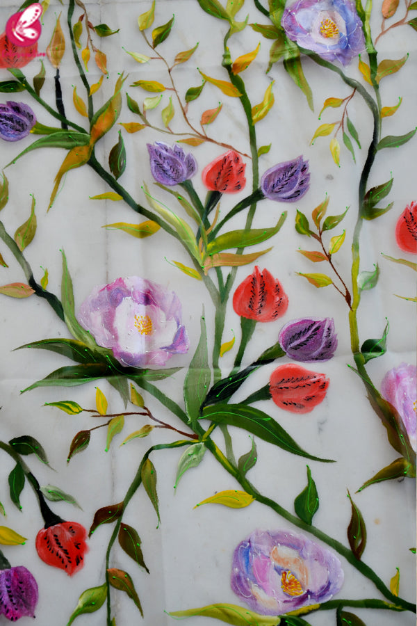 Grey Organza Hand painted Multicolored Floral Stole