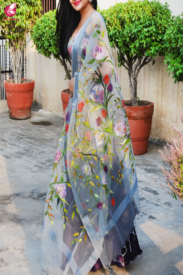 Grey Organza Hand painted Multicolored Floral Stole