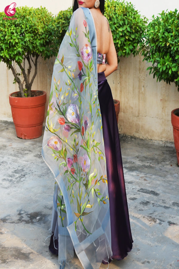 Multicolored  Satin Lehenga With Hand Painted Organza Stole