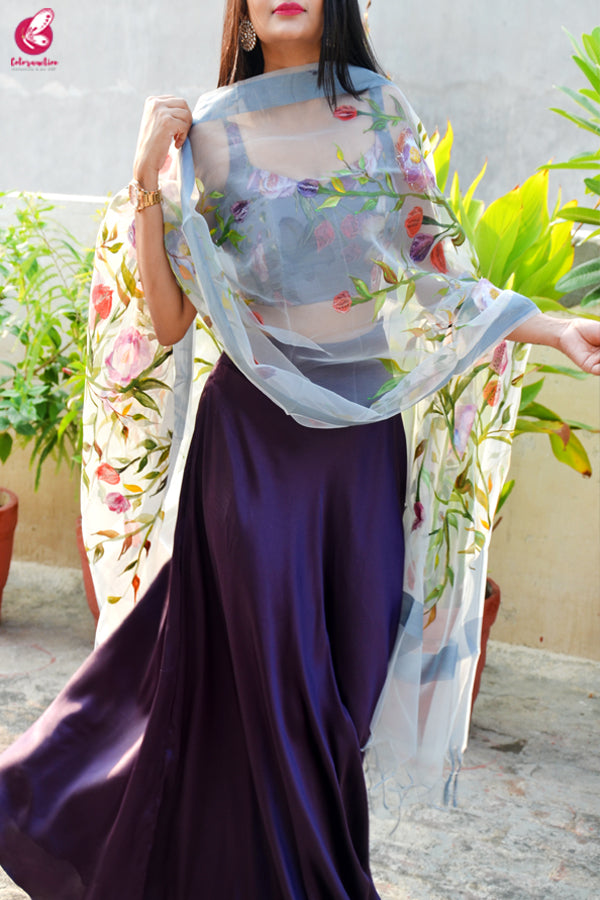 Grey Organza Hand painted Multicolored Floral Stole