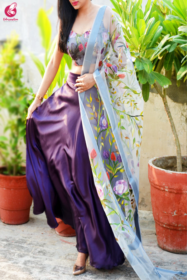 Multicolored  Satin Lehenga With Hand Painted Organza Stole