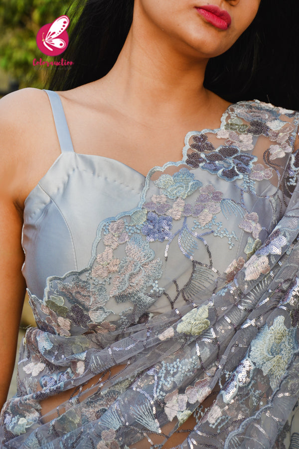Grey Embroidered Half &amp; Half Pure Satin Net Saree