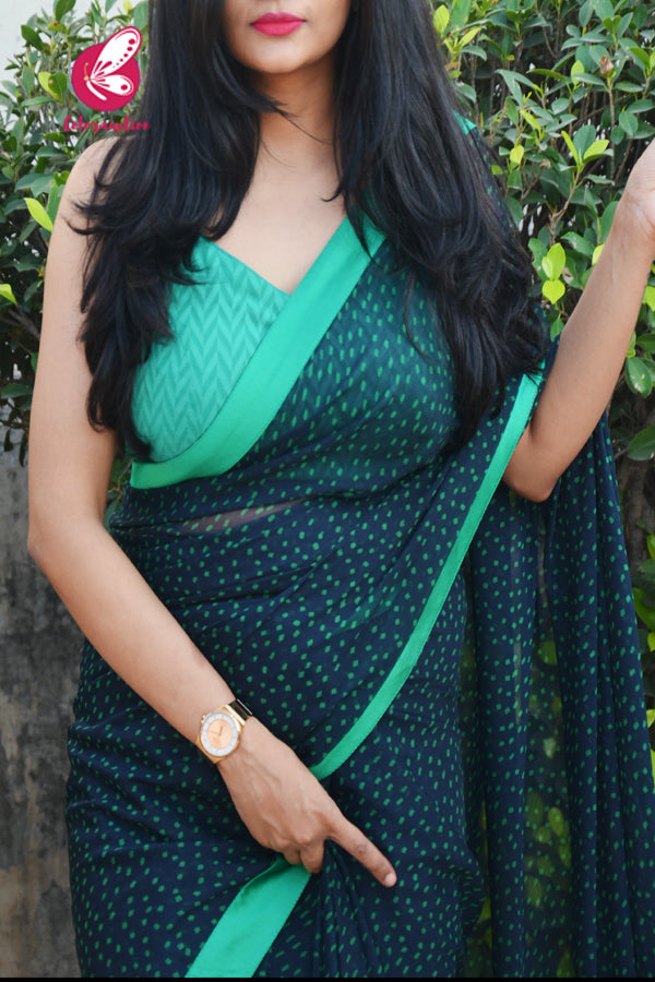 Blue &amp; Green Printed Green Satin Taping Chiffon Saree