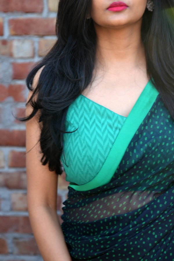 Blue &amp; Green Printed Green Satin Taping Chiffon Saree