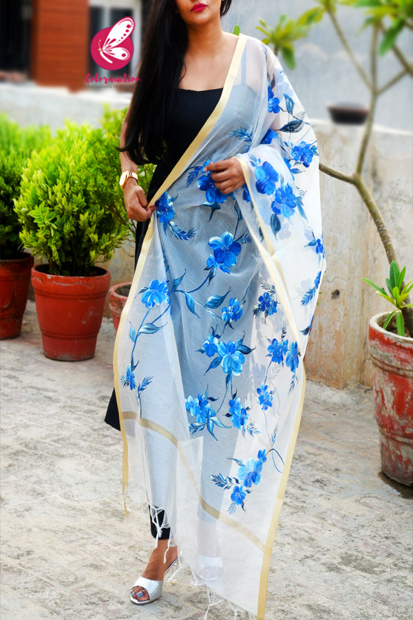 Off White Blue Floral Pure Organza Handpainted Stole