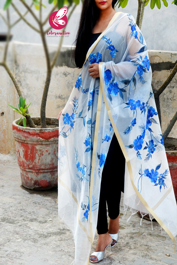 Off White Blue Floral Pure Organza Handpainted Stole