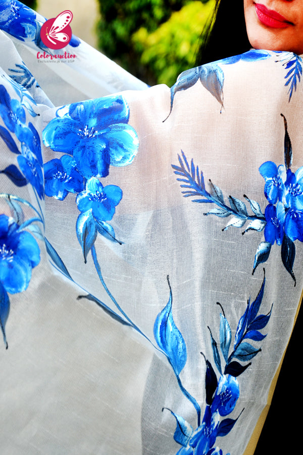 Off White Blue Floral Pure Organza Handpainted Stole