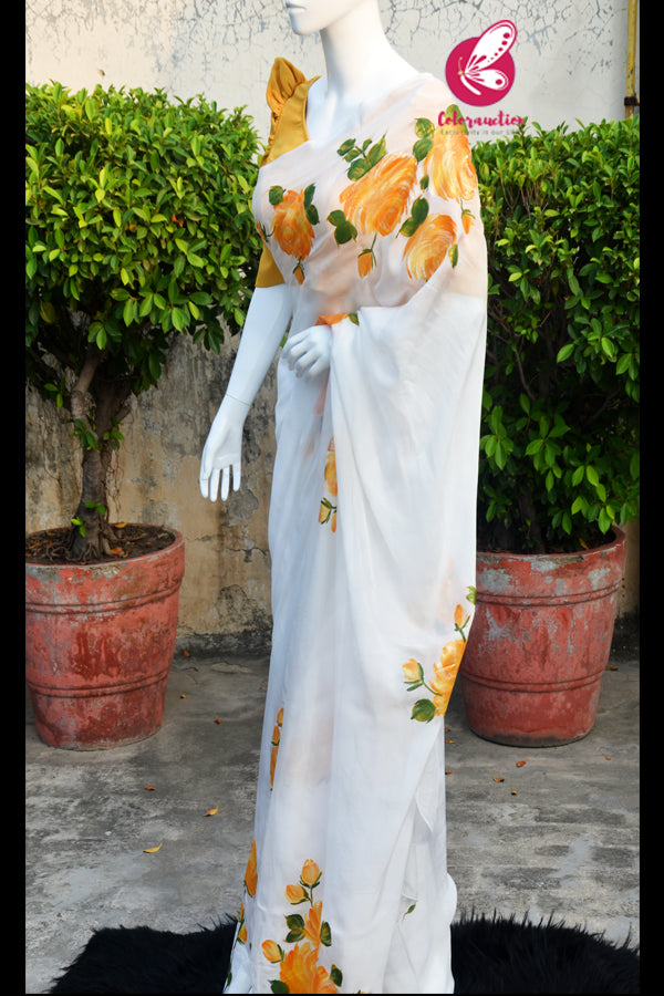 Off White Crepe Chiffon Yellow Golden Hand-painted Saree