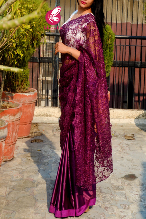 Wine Pure Satin Embroidered Net Half and Half Saree