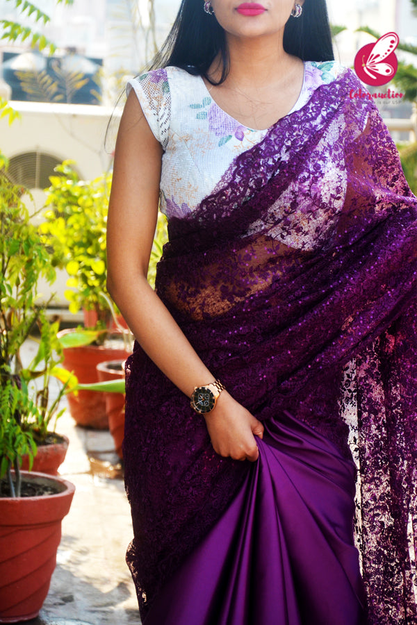 Wine Pure Satin Embroidered Net Half and Half Saree