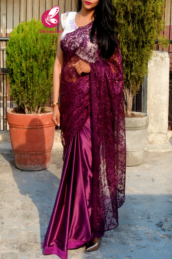 Wine Pure Satin Embroidered Net Half and Half Saree