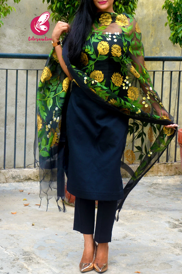 Black Pure Organza Golden Yellow Peonies Hand painted Stole