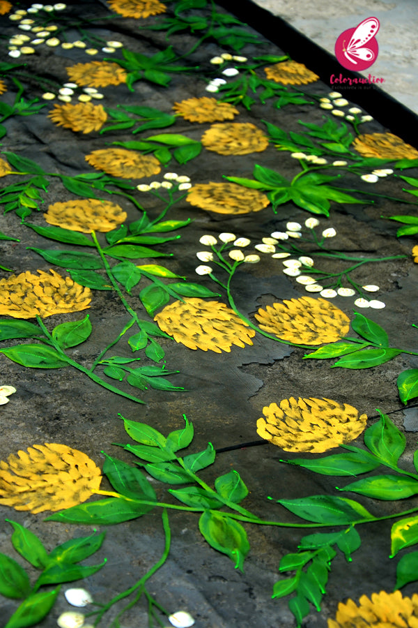Black Pure Organza Golden Yellow Peonies Hand painted Stole