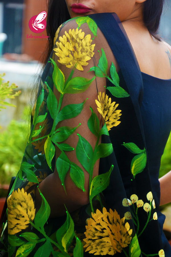 Black Pure Organza Golden Yellow Peonies Hand painted Stole