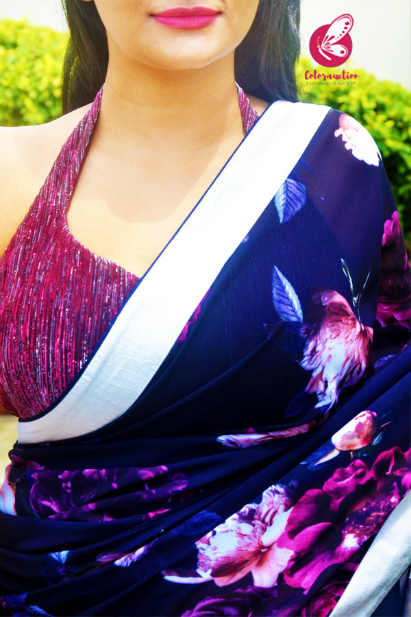 Navy Blue Printed Floral Satin Taping Saree