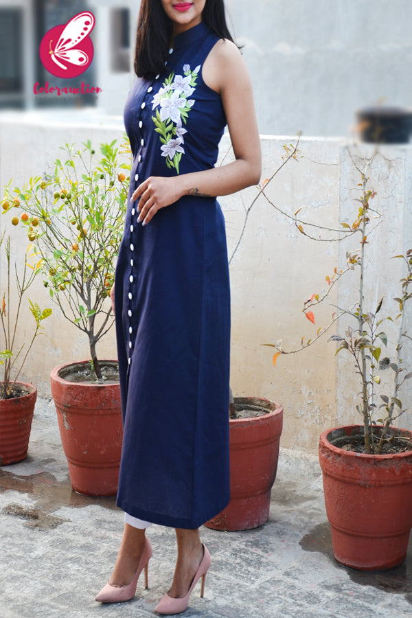 Navy Blue Pure Linen Embroidered Kurti with White Cotton Silk Pants