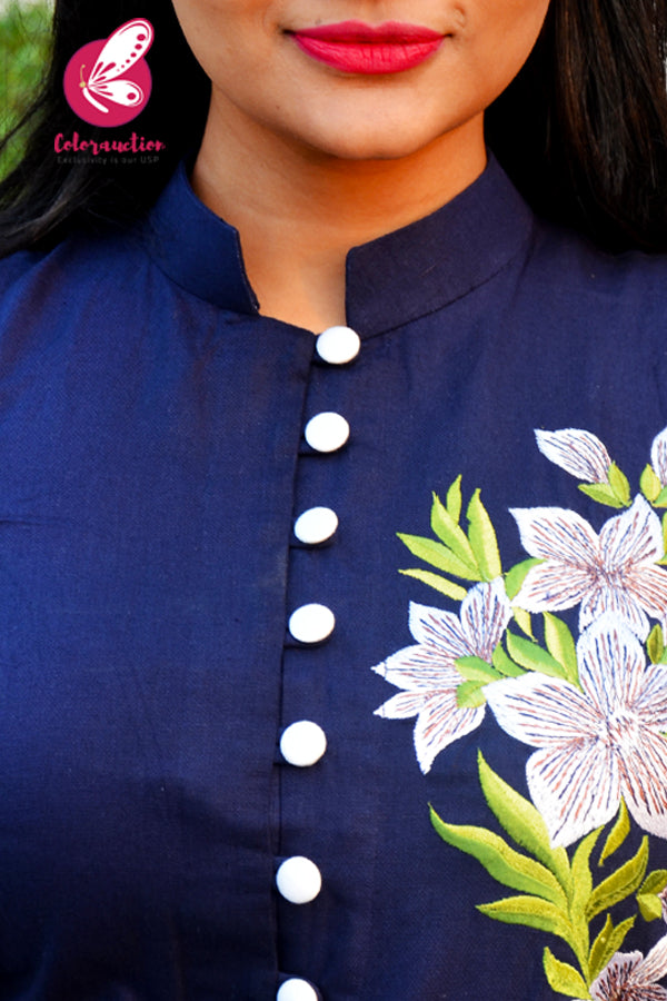 Navy Blue Pure Linen Embroidered Kurti with White Cotton Silk Pants