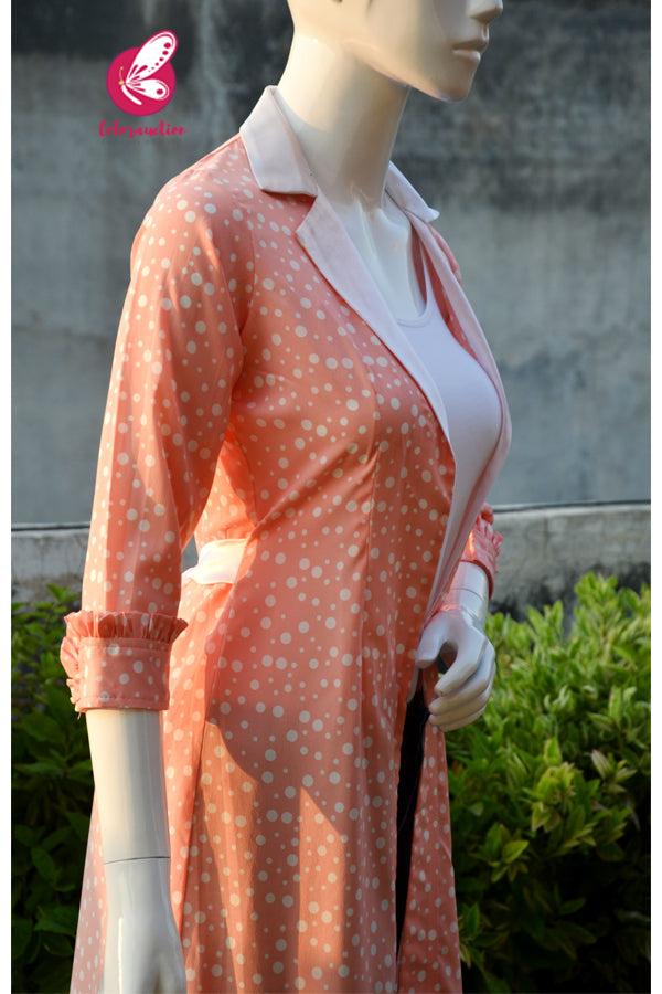 Peach &amp; White Crepe White Satin Collar &amp; White Satin Belt