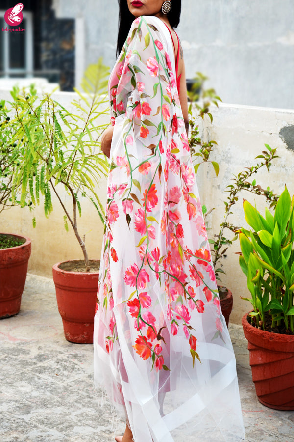 White Organza Hand painted Colorful Floral Red Stole