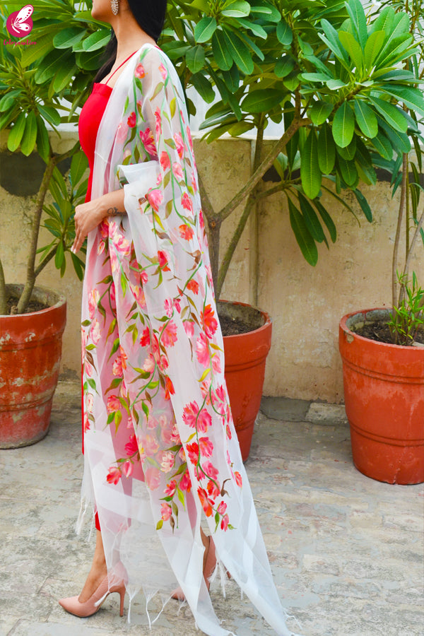 White Organza Hand painted Colorful Floral Red Stole