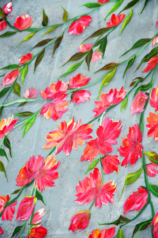 White Organza Hand painted Colorful Floral Red Stole