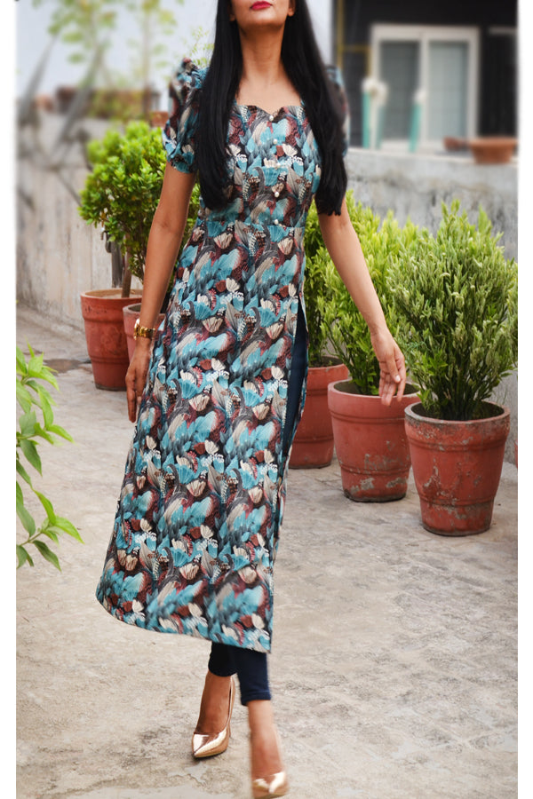 Blue Printed Crepe Front Slit Puff Sleeves Kurti