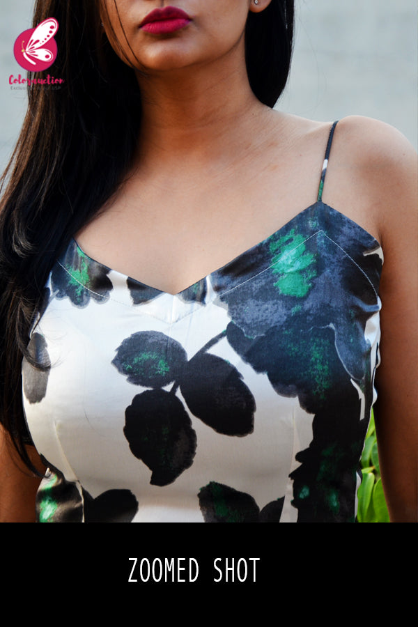 White &amp; Green Printed Satin Strappy Kurti