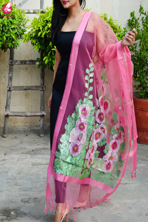 Light Pink Organza Hand painted Floral Stole