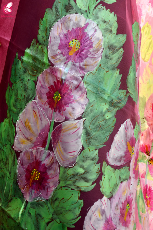 Light Pink Organza Hand painted Floral Stole