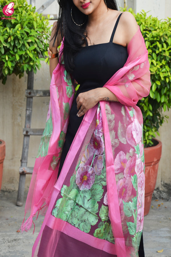 Light Pink Organza Hand painted Floral Stole
