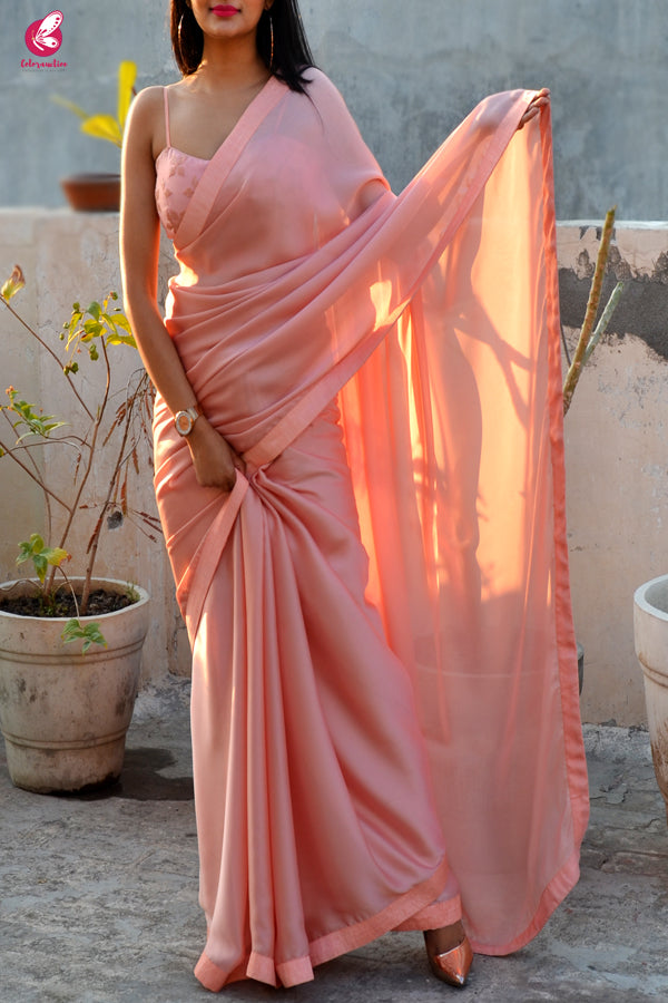 Peach Silk Georgette Dupion Silk Taping Saree