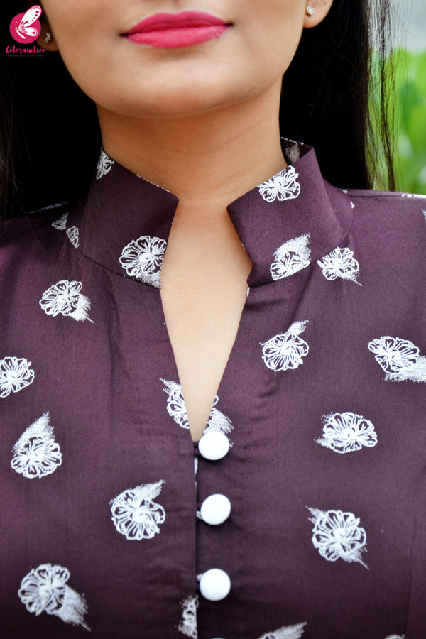 Dark Purple Cotton Silk Printed Front Slit Kurti
