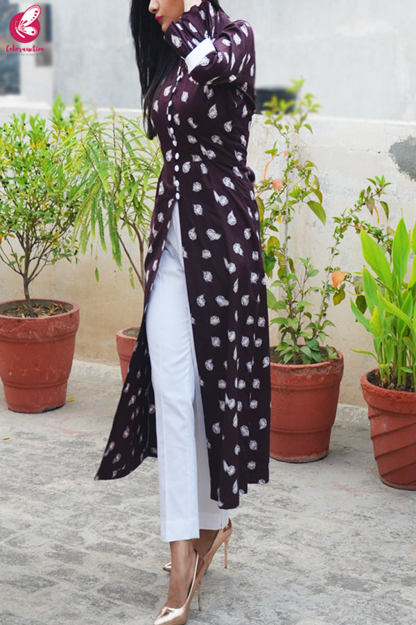 Dark Purple Cotton Silk Printed Front Slit Kurti