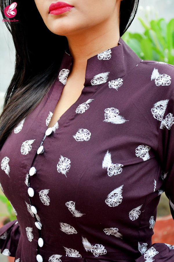 Dark Purple Cotton Silk Printed Front Slit Kurti